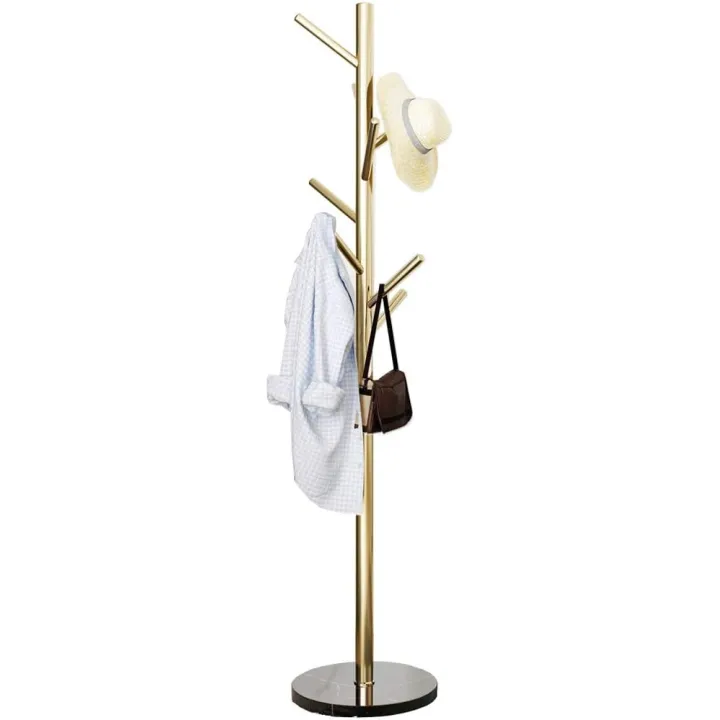 Jolitac Metal Coat Rack Stand Golden Satin Steel Finish Stable Marble Base, High-Grade with Hooks Metal Tree Hat & Coat Hanger Floor Free Standing Wall Bedroom Easy Assembly (Golden)
