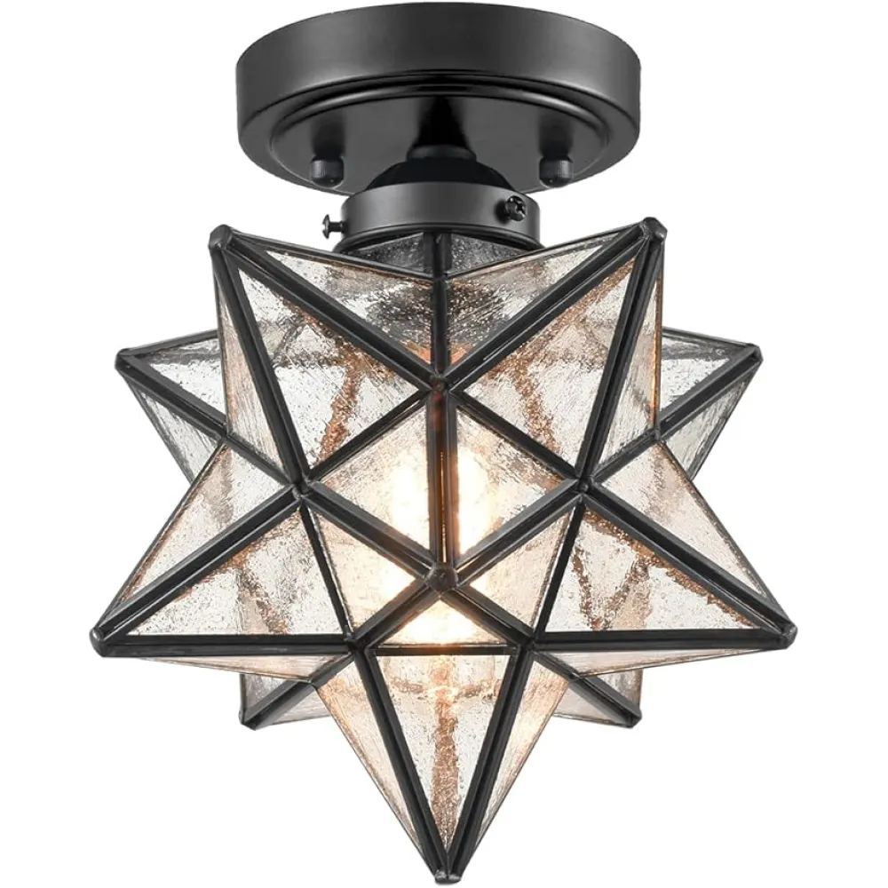 Moravian Star Light Flush Mount Ceiling Light Black with Seeded Glass Shade for Living Room Bedroom Kitchen Hallway