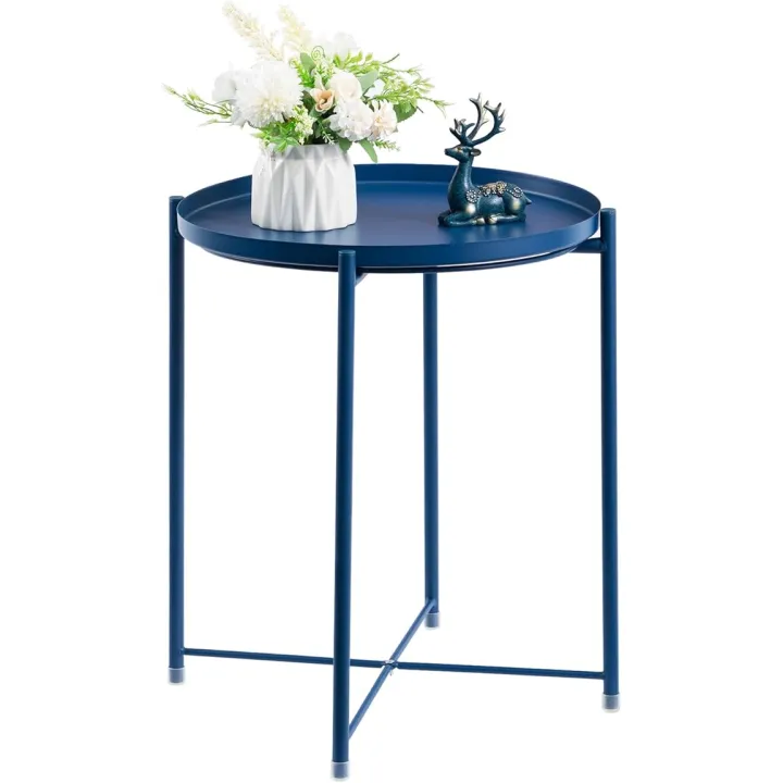 HollyHOME Round Metal Side Table, Outdoor Small Folding Accent Stand with Removable Tray, 17.72'' Portable End Table for Balconies, Gardens, Living Rooms and Bedrooms, Navy Blue