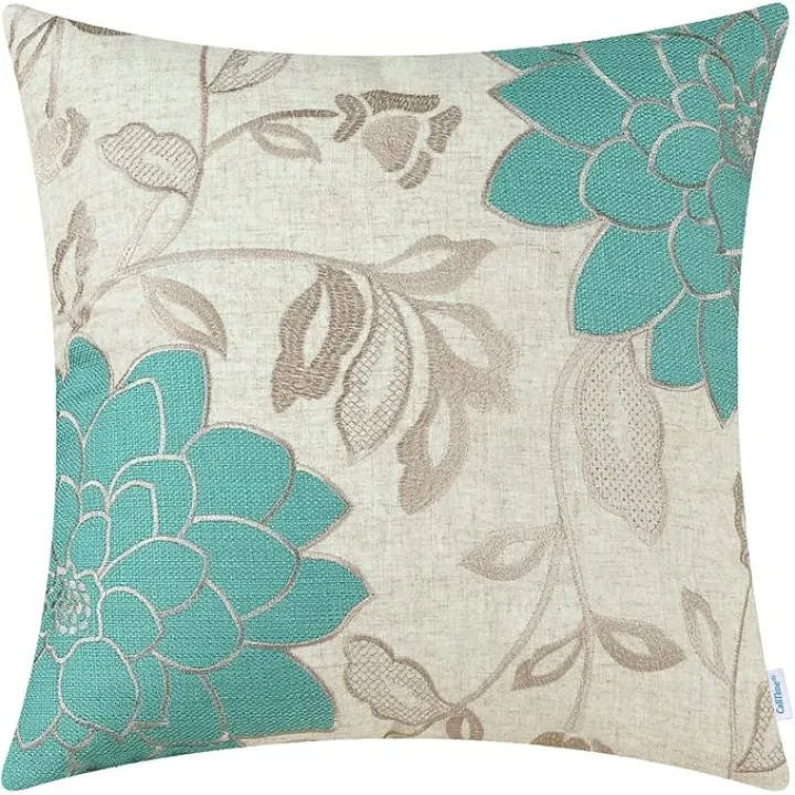 CaliTime High Class Throw Pillow Cover Case for Couch Sofa Home Decoration Vintage Dahlia Floral Applique Embroidered 16 X 16 Inches Teal & Light Taupe