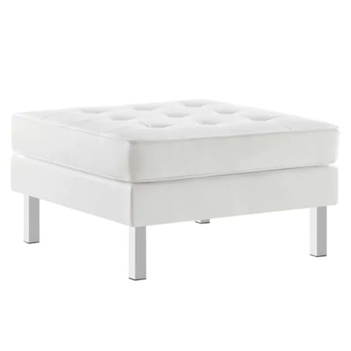 Modway Loft Tufted Button Faux Leather Upholstered Square Ottoman in Silver White