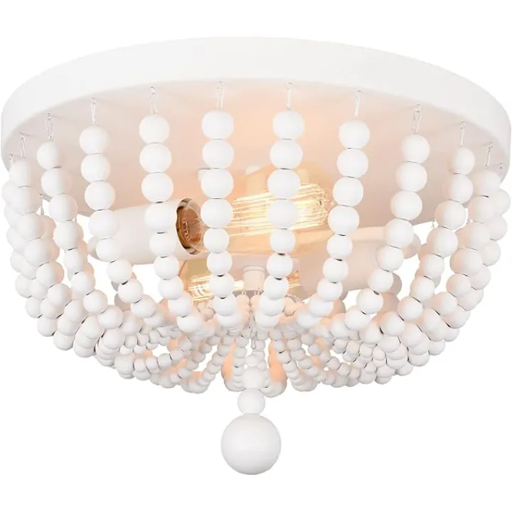 ALICE HOUSE 14.1" Flush Mount Light, White Wood Bead Chandelier, 2 Light Ceiling Light for Bedroom, Hallway, Foyer, ETL Listed, AL9031-S2