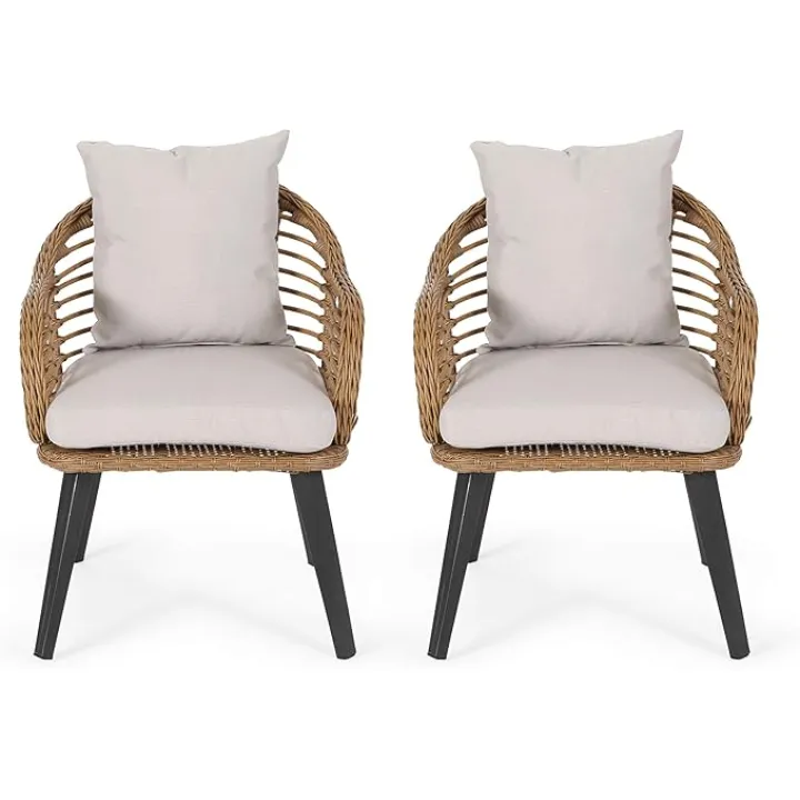 Great Deal Furniture Becky Indoor Wicker Club Chairs with Cushions (Set of 2), Light Brown and Beige