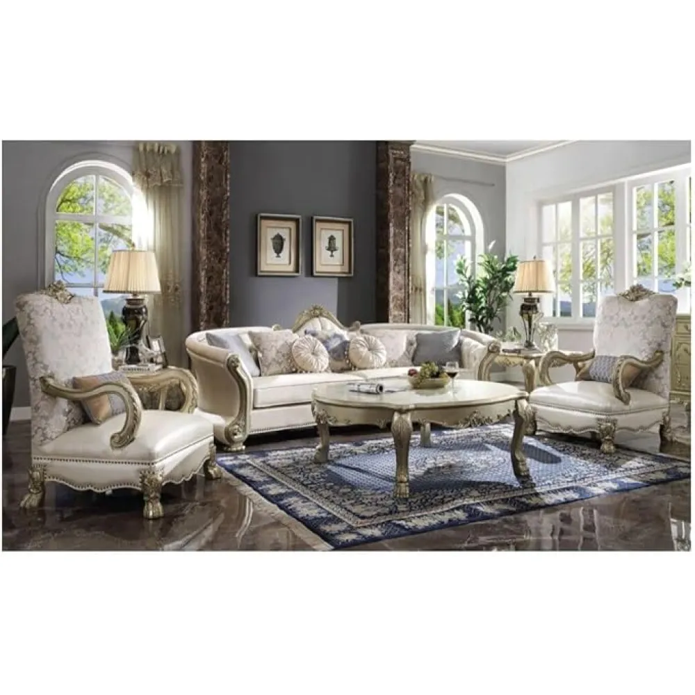 Acme Dresden II Sofa with 7 Pillows in Bone PU & Gold Patina