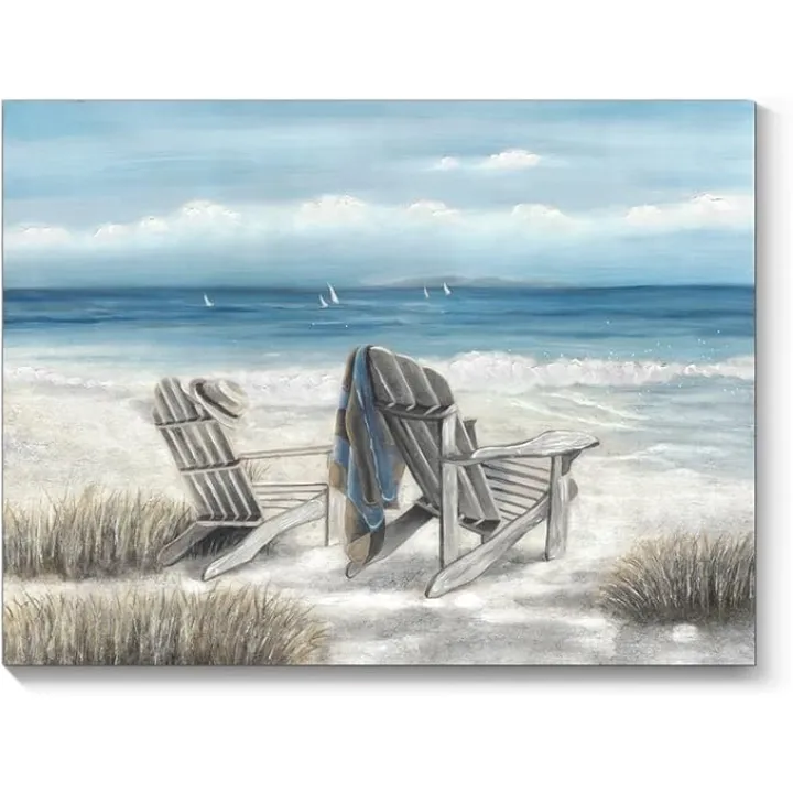 TAR TAR STUDIO Abstract Seascape Canvas Wall Art: Beach Chair on Sand Painting Print for Bedroom (24" W x 18" H, Multiple Sizes/Material)