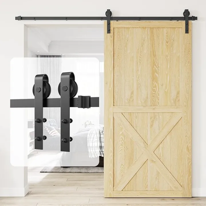 9 Foot Heavy Duty Sturdy Sliding Barn Door Hardware Kit Single Door - Smoothly Quietly - Simple Easy Install - Fit 1 3/8-1 3/4" Thickness Door Panel(Black)(J Shape Hangers), 9FT-Single Door