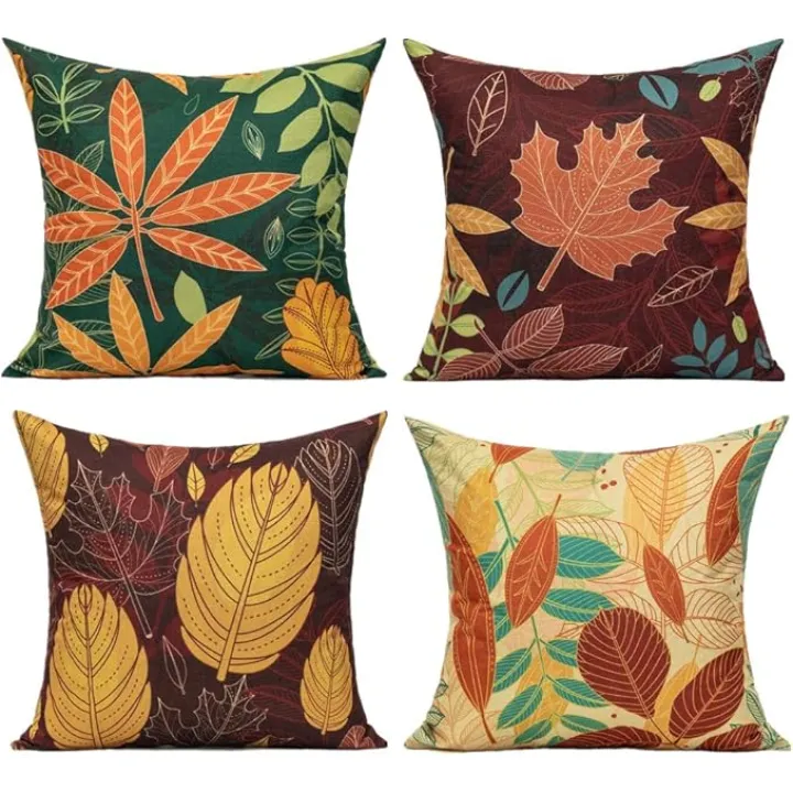 All Smiles Fall Outdoor Throw Pillow Covers 18x18 Set of 4 Thanksgiving Autumn Decorations Porch Decor Orange Maple Leaves Cushion Cases for Home Couch Sofa Living Room Patio Bench