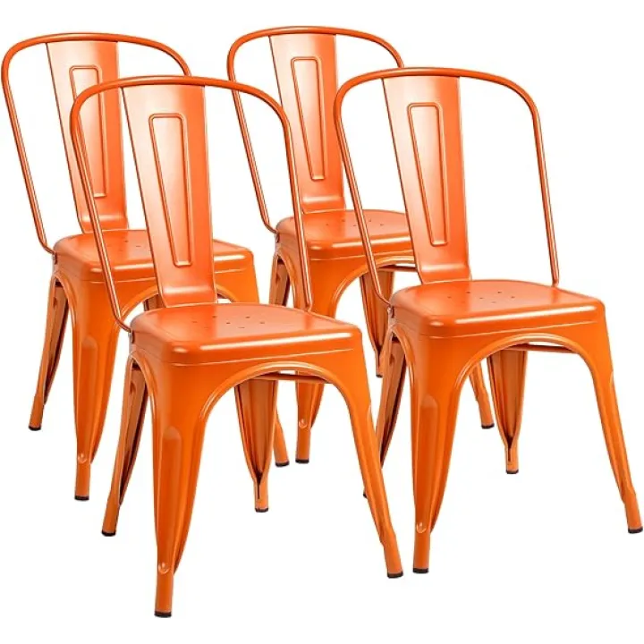 Furmax Metal Dining Chair Indoor Outdoor Use Stackable Classic Trattoria Chair Chic Dining Bistro Cafe Side Metal Chairs Set of 4 (Orange)