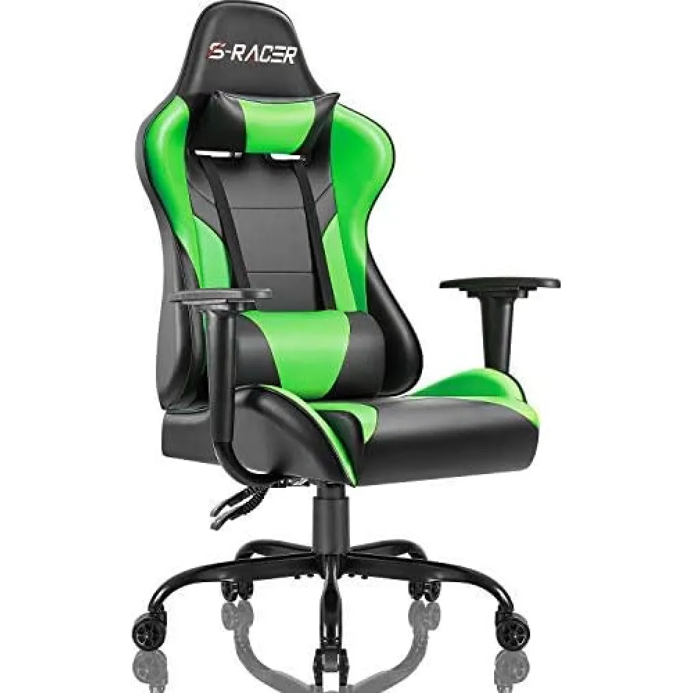 Homall Gaming Office Chair - High Back Racing Desk Chair with Headrest, PU Leather, Adjustable Seat Height, Swivel, Ergonomic Executive for Adults (Green)