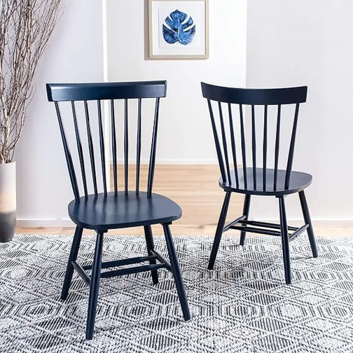 SAFAVIEH Home Collection Parker Farmhouse Navy Blue Windsor Spindle Solid Wood Dining Chair Set of 2