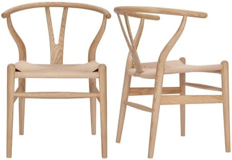 Wishbone Chair Natural Solid Wood Dining Chair/Hans Wegner Y Chair Rattan and Wood Accent Armrest Chairs Set of 2 (Ash Wood + Natural)