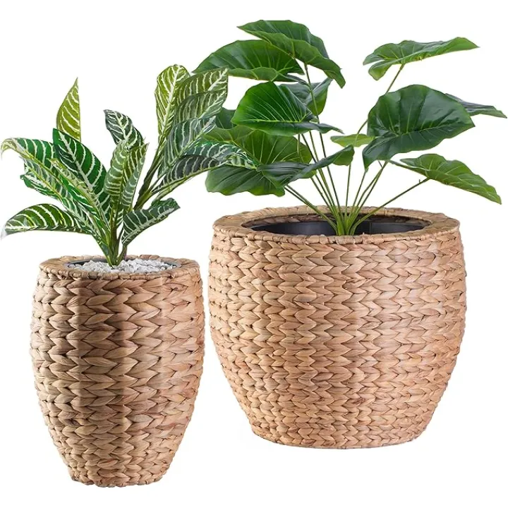 Vintiquewise Water Hyacinth Round Floor Planter with Metal Pot (Set of 2)