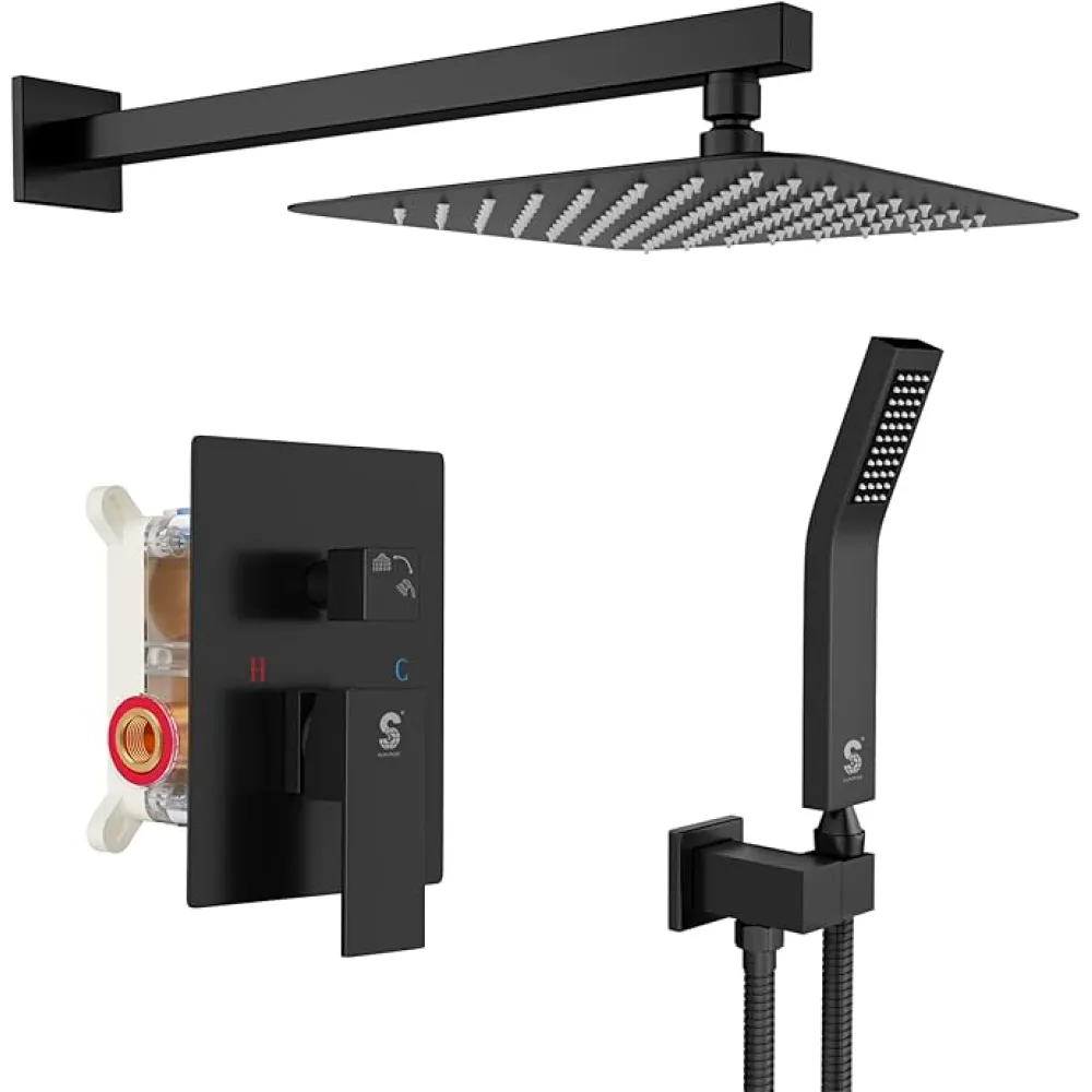 SR SUN RISE Black Square Rainfall Shower Head and Handle Set, Wall Mounted Shower Fixtures, Metal Shower Faucet Trim Repair Kits (With Shower Valve)