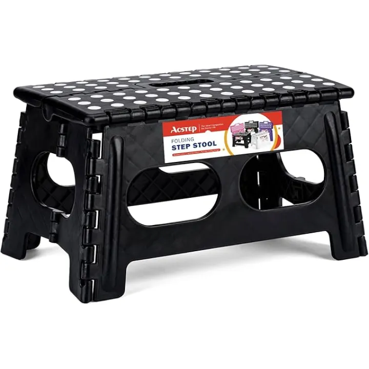ACSTEP Folding Step Stool,15-Inch Extra Wide 9Inch Height Heavy Duty Stepping Stool More Safe and Comfortable Non Slip Foldable Step Stool for Kids and Adults Black