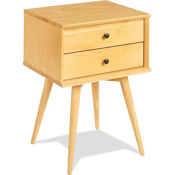 Mid-Century Night Stand / 2 Drawer / Solid Wood / 24"H / Easy Assembly, Scandinavian Oak Finish