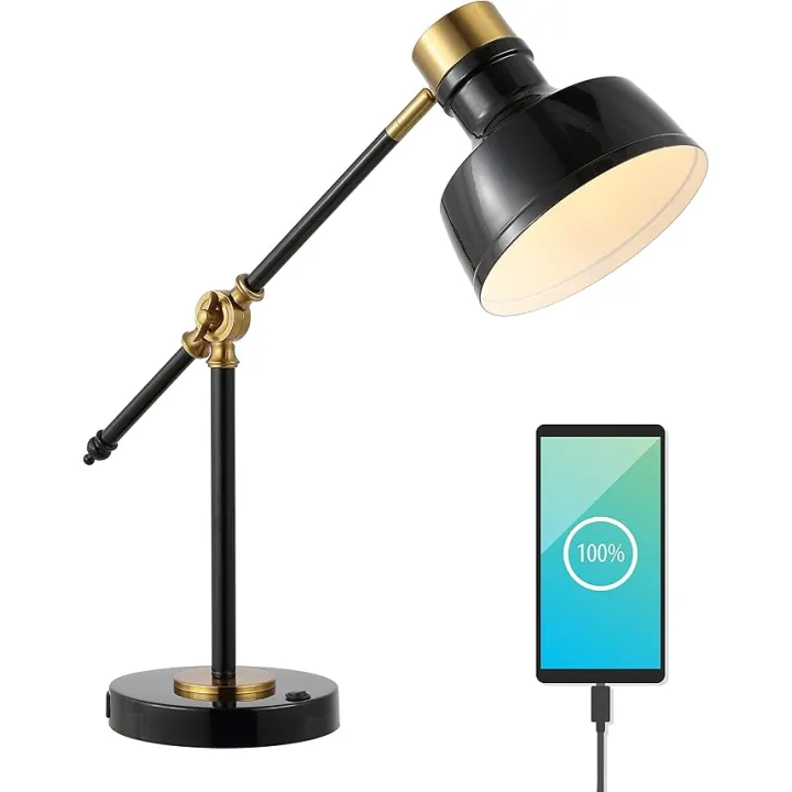 JONATHAN Y JYL7124A Allegra 18.5" Adjustable Cantilever LED Task Lamp, USB Charging Port, Classic, Coastal, Industrial, Farmhouse, Traditional for Bedroom, Living Room, Office, Black/Brass Gold