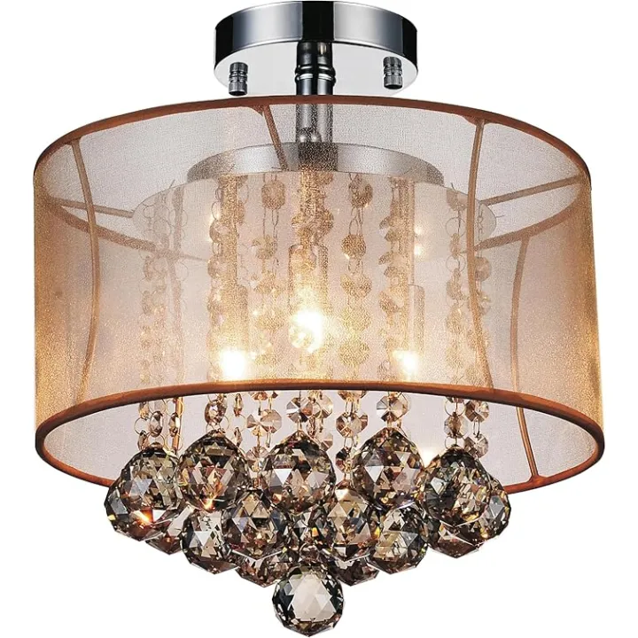 Radiant 12-Inch 3 Light Flush Mount Crystal Chandelier – Compact Ceiling Light Fixture with Sparkling Transparent Gold Crystal Shade