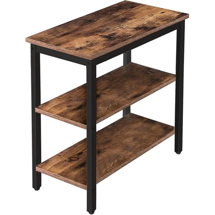HOOBRO End Table, Simple Rustic Side Table with 3-Tier Storage Shelf, Narrow Nightstand for Small Spaces, Small Table for Living Room, Bedroom, Office, Easy Assembly, Rustic Brown and Black BF14BZ01