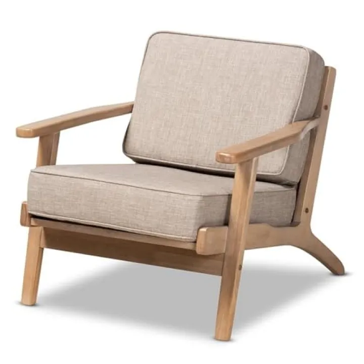 Baxton Studio Sigrid Mid-Century Modern Light Grey Fabric Upholstered Antique Oak Finished Wood Armchair