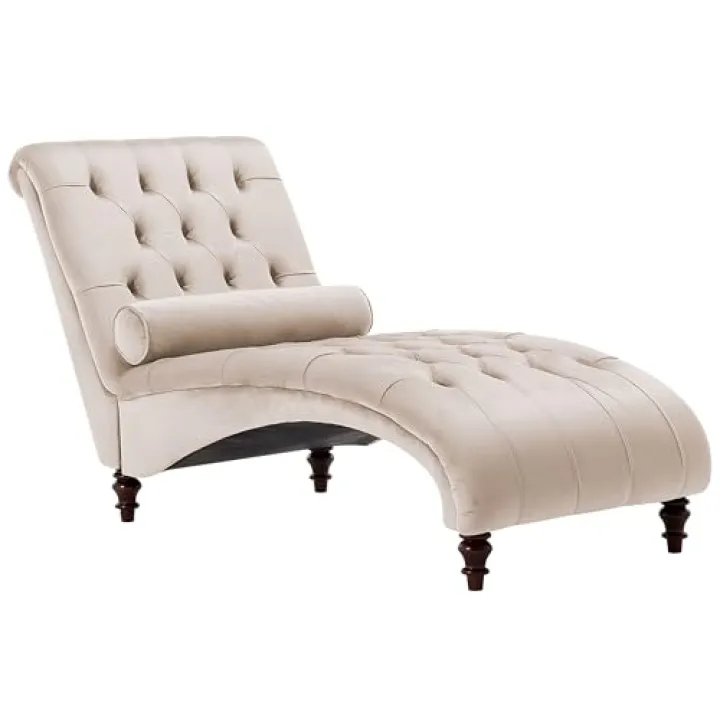 Chaise Longue Velluto Beige Stile Chesterfield con Bottoni Gambe in Legno