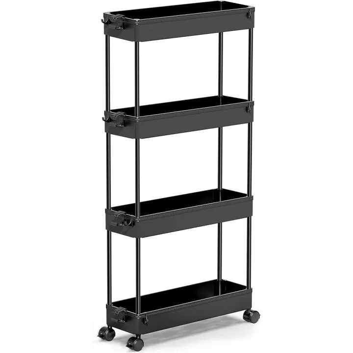 SPACEKEEPER Slim Rolling Storage Cart 4 Tier Organizer Mobile Shelving Unit Utility Cart Tower Rack for Kitchen Bathroom Laundry Narrow Places, Black
