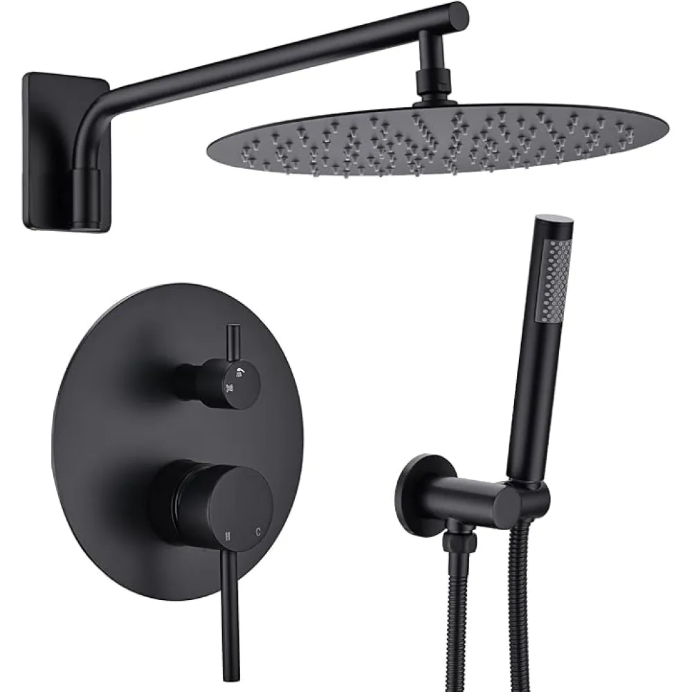 12inch Brass Shower Set System, Bath Wall Mounted Concealed Shower Faucet with 30cm Rainfall Overhead &Handheld Spray, Pressure balanced and high water flow Diveter Valve, Matte Black