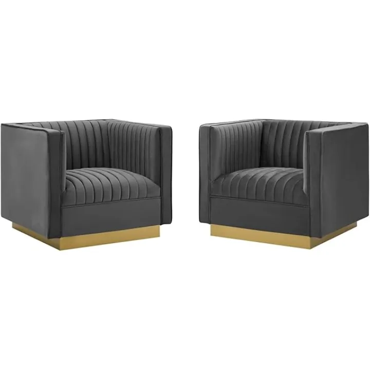 Modway Sanguine Vertical Channel Tufted Upholstered Performance Velvet Armchair Set of 2, Gray
