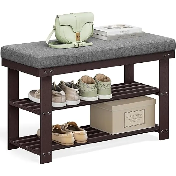 SONGMICS Bamboo Shoe Bench, 3-Tier Shoe Rack Organizer for Entryway, Living Room, Bench Seat Holds Up to 300 lb, 11.9 x 28.3 x 19.2 Inches, Rustic Walnut and Slate Gray ULBS604CG