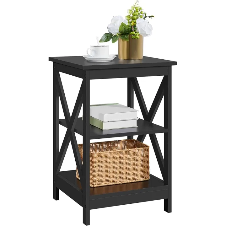 Yaheetech 3 Tier Sofa Side End Table with Shelf, X Shape Chair Side Coffee Snack Table for Living Room, Display Unit Organizer, Black
