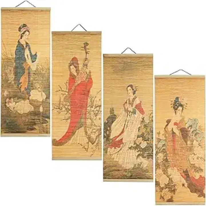Juvale 4 Pack Bamboo Scrolls Chinese Paintings & Japanese Wall Art for Asian Hanging Decor, Chinese Decorations, and Japanese Decor - 10 x 26 In