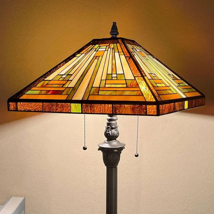 Capulina Tiffany Lamp Stained Glass Floor Lamp 2-Light 16X16X63 Inches Amber Brown Mission Antique Tiffany Style Standing Reading Lamp for Living Room Bedroom Home Office