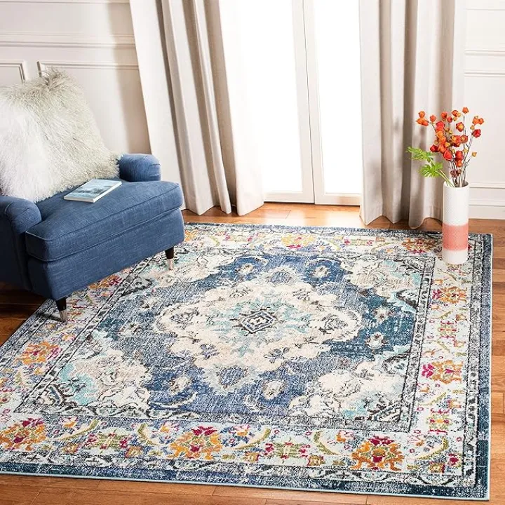 SAFAVIEH Monaco Collection Area Rug - 11' Square, Navy & Light Blue, Boho Chic Medallion Distressed Design, Non-Shedding & Easy Care, Ideal for High Traffic Areas in Living Room, Bedroom (MNC243N)