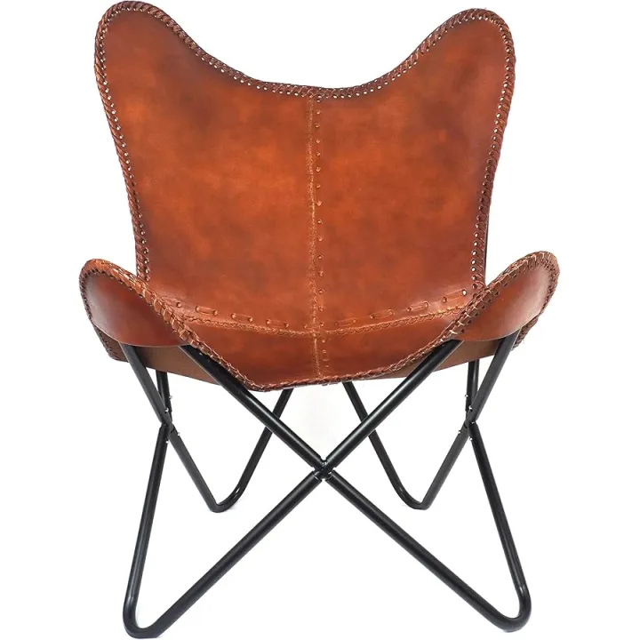 Brown Leather Accent Chair/Side Hand Stitch Leather Butterfly Chair Boho Home Décor/Living Room Chair - Cover with Folding Frame (Black Iron Frame)