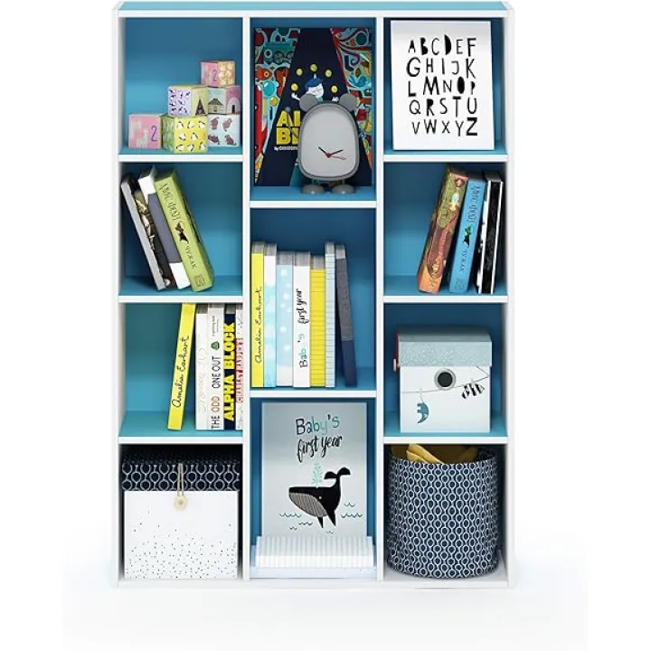 Furinno Luder Bookcase / Book / Storage , 11-Cube, White/Light Blue