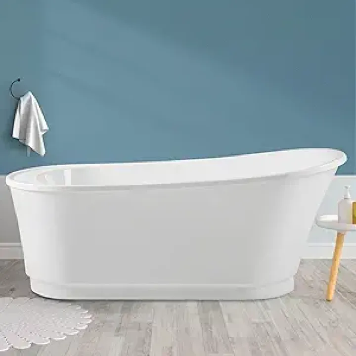 FerdY Langkawi 67" Acrylic Freestanding Bathtub, White Modern Stand Alone Soaking Bathtub, cUPC Certified, Brushed Nickel Drain and Minimalist Linear Design Overflow Included, Easy to Install, 02568T