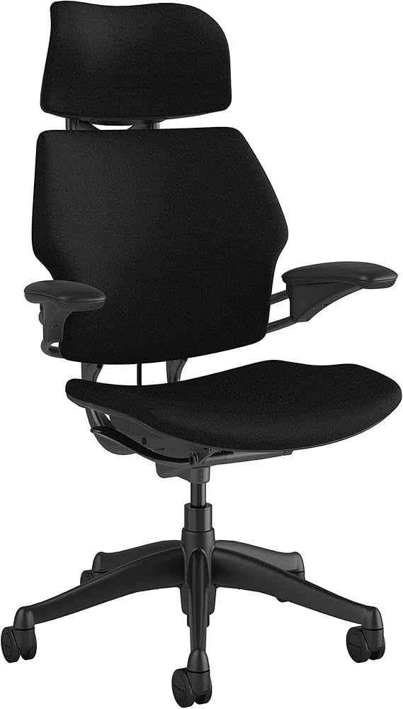 Humanscale Freedom Office Chair with Headrest - Ergonomic Work Chair with Standard Height Adjustable Duron Arms - Wheels for Carpet - Graphite Frame with Black Fourtis Fabric