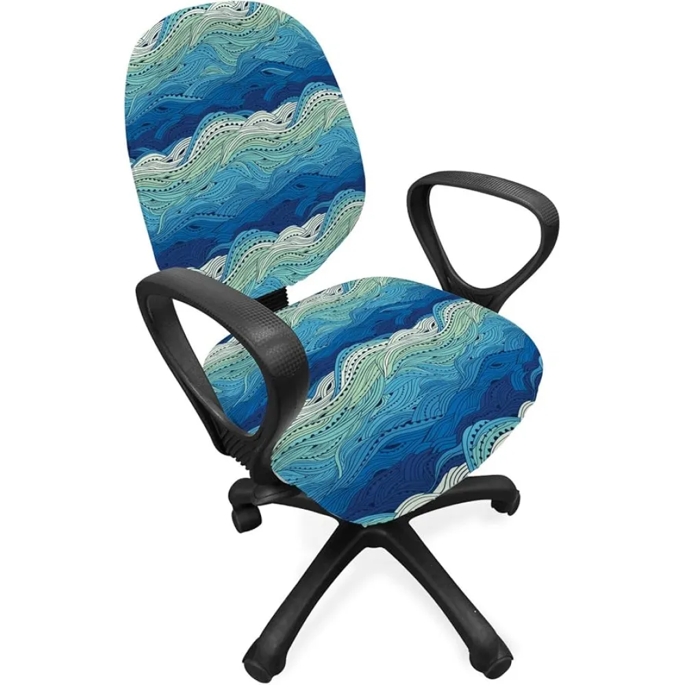 Lunarable Aquatic Office Chair Slipcover, Conceptual Ocean Themed Artwork Hand Drawn Waves Seascape Maritime, Protective Stretch Decorative Fabric Cover, Mint Green Pale Blue