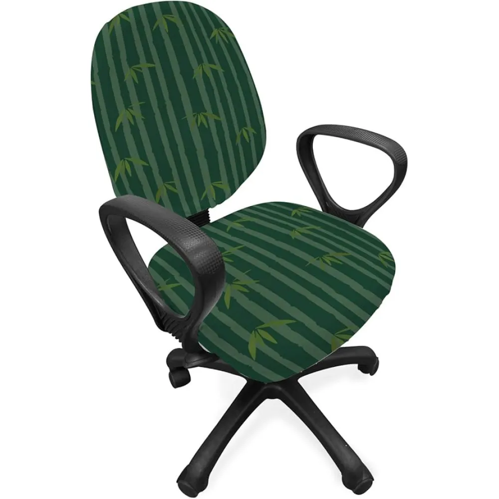 Lunarable Green Oriental Office Chair Slipcover, Graphic Jungle Themed Stripped Tree Pattern with Leaves Grunge, Decorative Stretch and Washable Fabric Cover, Standard Size, Hunter Green Olive Green