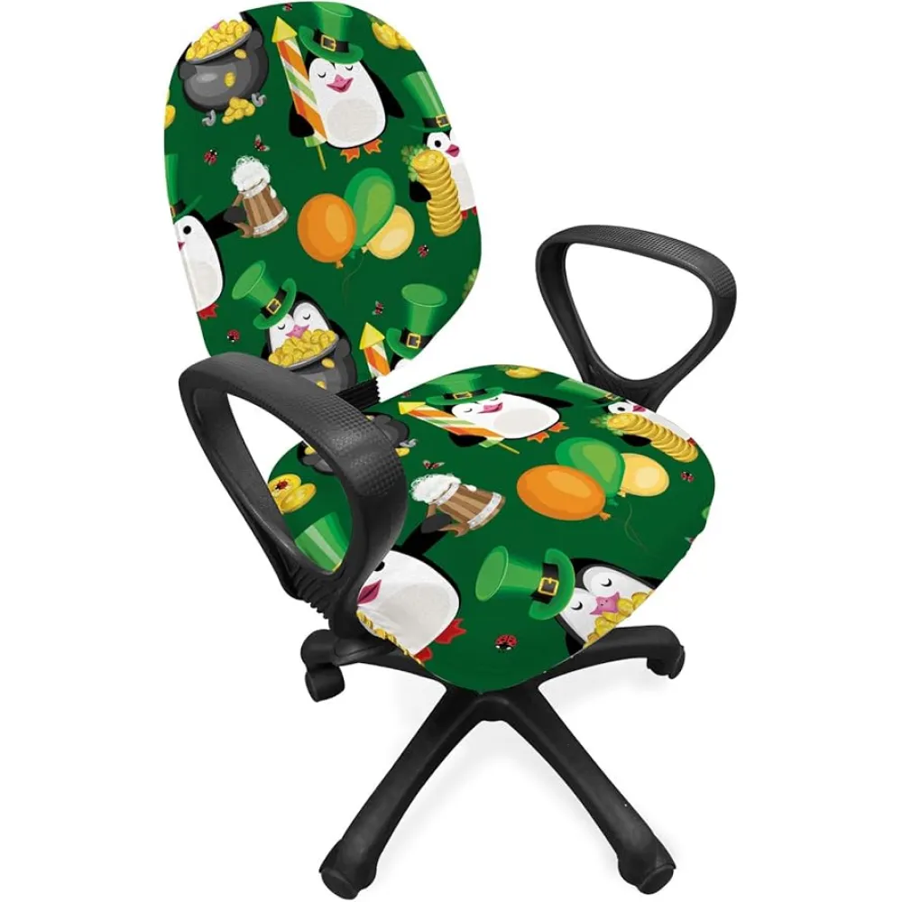 Ambesonne Leprechaun Office Chair Slipcover, Irish Themed Funny Cartoon Pattern of Penguin with Hat, Protective Stretch Decorative Fabric Cover, Hunter Green Multicolor