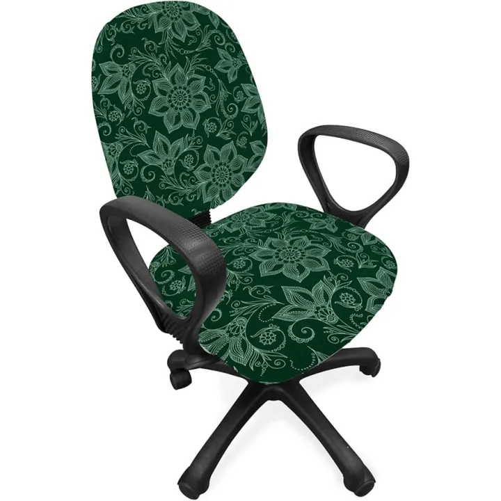 Ambesonne Antique Oriental Office Chair Slipcover, Floral Garden Feels Paisley Pattern with Greenery Jungle Tones, Decorative Stretch and Washable Fabric Cover, Standard Size, Emerald and Sea Green