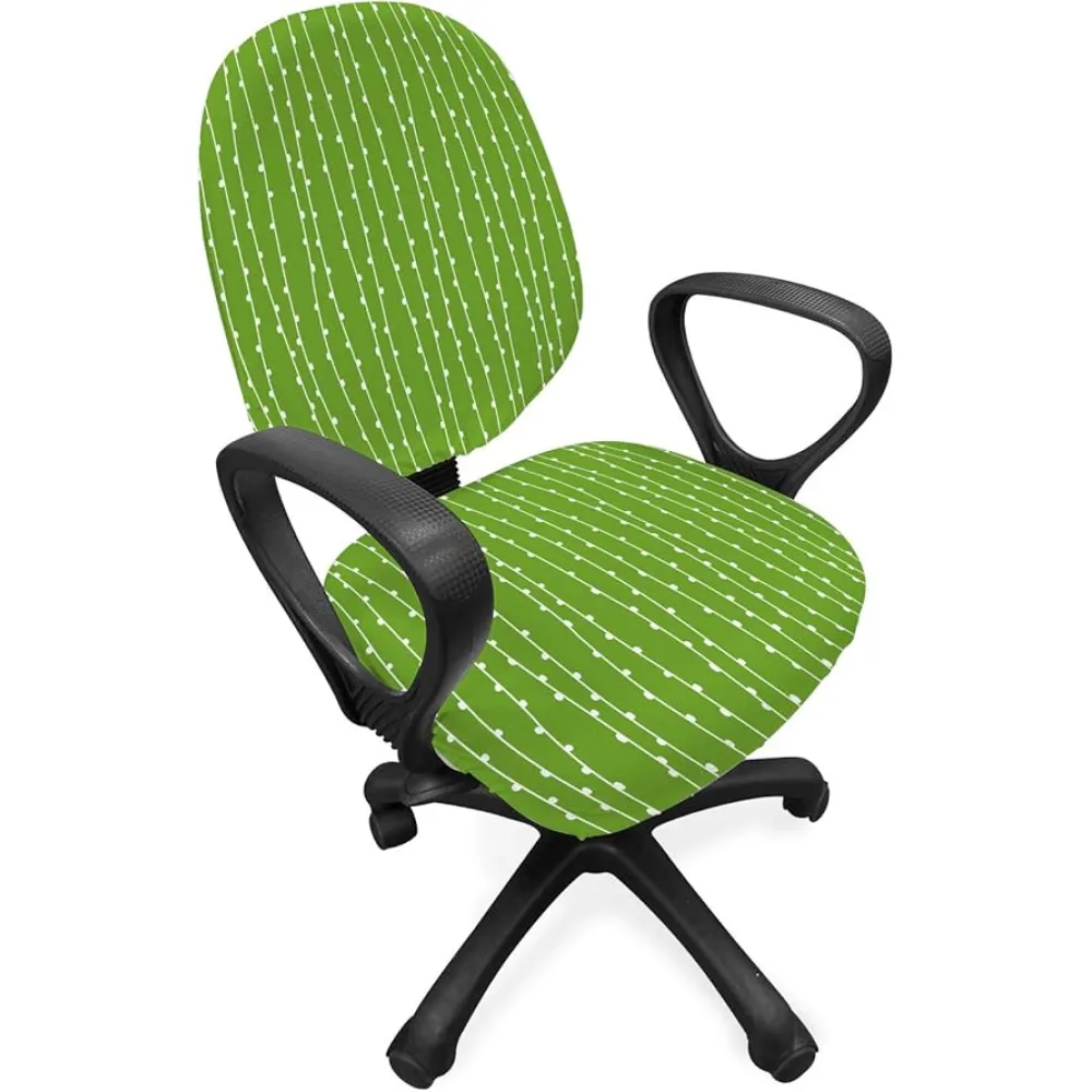 Lunarable Abstract Office Chair Slipcover, Continuous Irregular Vertical Lines with Nature Inspired Sprouts Buds, Protective Stretch Decorative Fabric Cover, Lime Green and White