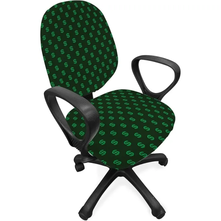 Ambesonne Money Office Chair Slipcover, Pattern of Dollar on Dark Green Background Monetary Sign of USA, Protective Stretch Decorative Fabric Cover, Hunter Green Lime Green