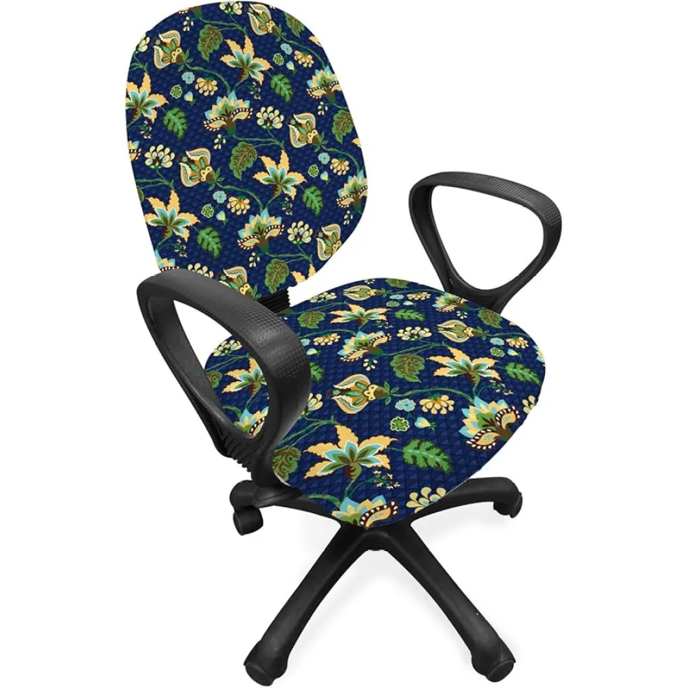 Lunarable Jacobean Office Chair Slipcover, Triangles with Floral Pattern Stalks Leaves Flowers Whimsical Nature, Protective Stretch Decorative Fabric Cover, Dark Blue Green Mustard