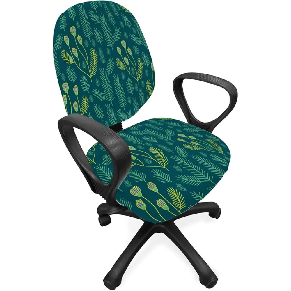 Ambesonne Botanical Office Chair Slipcover, Pine Leaves Botanical Style Nature Tones Outdoor Forest Illustration, Protective Stretch Decorative Fabric Cover, Dark Teal and Green