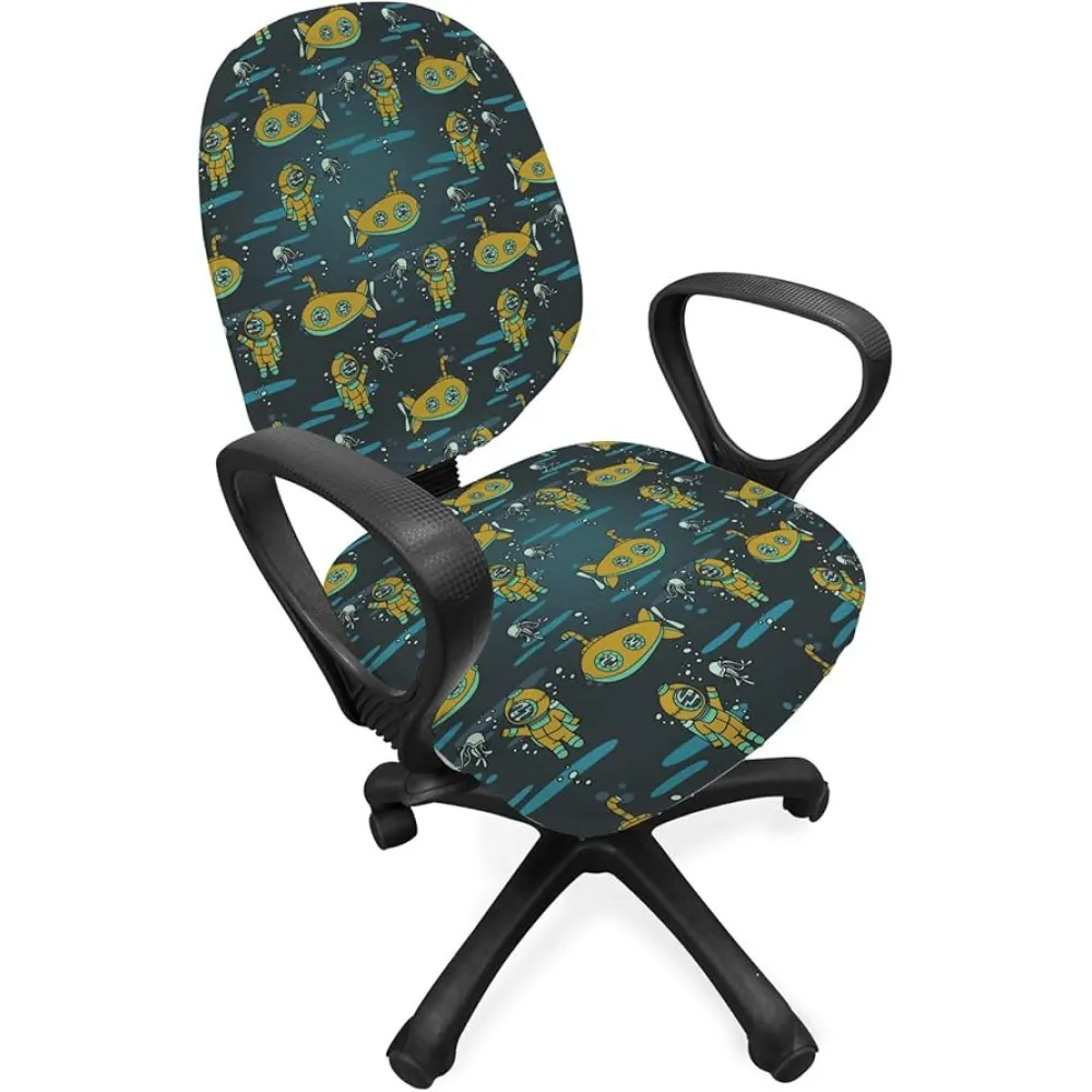 Lunarable Under The Sea Office Chair Slipcover, Submarines and Diver Waving at a Jellyfish Subaquatic Cartoon Pattern Bubbles, Protective Stretch Decorative Fabric Cover, Standard Size, Green