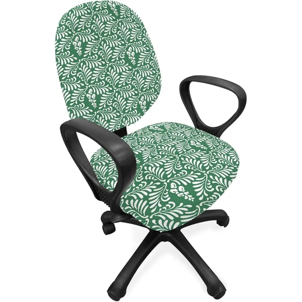 Ambesonne Antique Oriental Office Chair Slipcover, Continuous Eastern Style Simplistic Leaves Arrangement Pattern, Protective Stretch Decorative Fabric Cover, Jade Green and White