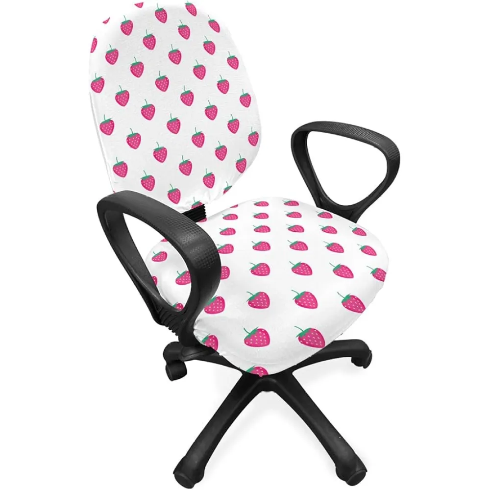 Lunarable Strawberry Office Chair Slipcover, Fruits Pattern Summer Food Lover Illustration, Protective Stretch Decorative Fabric Cover, Standard Size, Sea Green Magenta