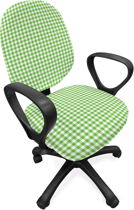 Lunarable Green Office Chair Slipcover, Traditional Checkered Pattern Countryside Picnic Theme Old Fashioned Retro, Protective Stretch Decorative Fabric Cover, Lime Green White