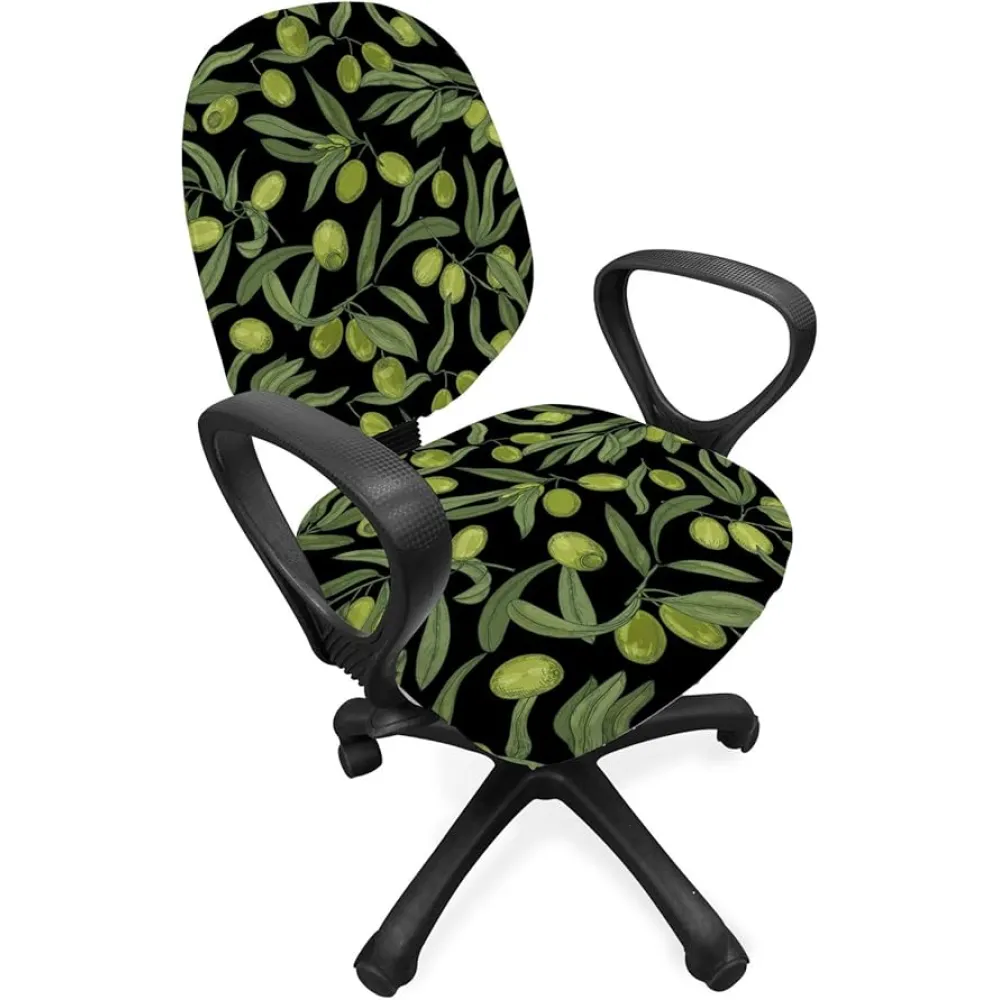 Ambesonne Vegetable Office Chair Slipcover, Olive Tree Farming Forest Nature Branches Leaves Gourmet Fresh, Protective Stretch Decorative Fabric Cover, Army Green and Charcoal Grey