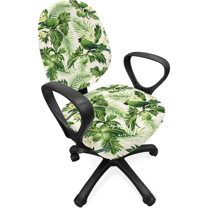 Lunarable Green Office Chair Slipcover, Exotic Tropic Pattern with Palm Leaves Breadfruits Plumeria Flowers and Parrots, Protective Stretch Decorative Fabric Cover, Lime Green Cream
